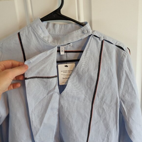 Derek Lam 10 Crosby Light Blue Striped Blouse Asymmetric Keyhole Ruffle Size 4 - Picture 6 of 11